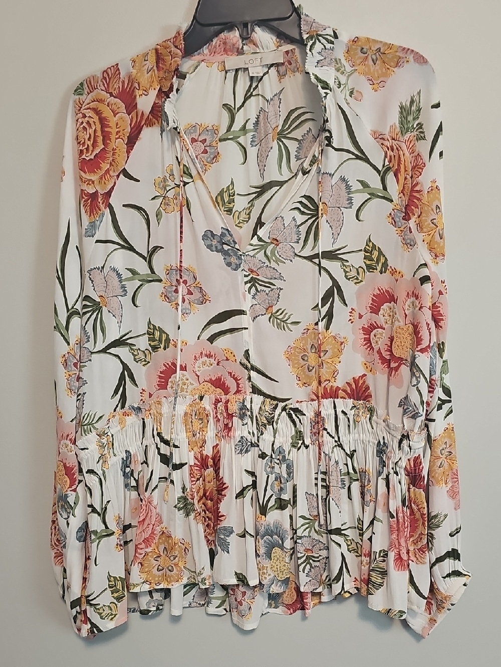 LOFT White Floral Ruffle Peplum Blouse with Multi-Color Print